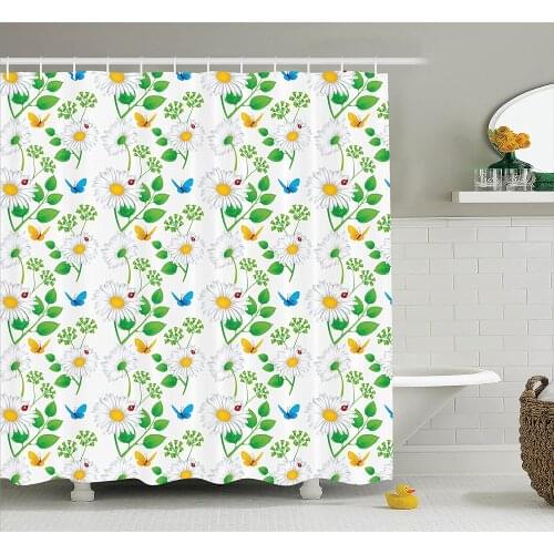 Ladybugs Shower Curtain Macro Chamomiles and Ladybugs Illustration Playful Magic Spirits of The Nature Bathroom Curtains