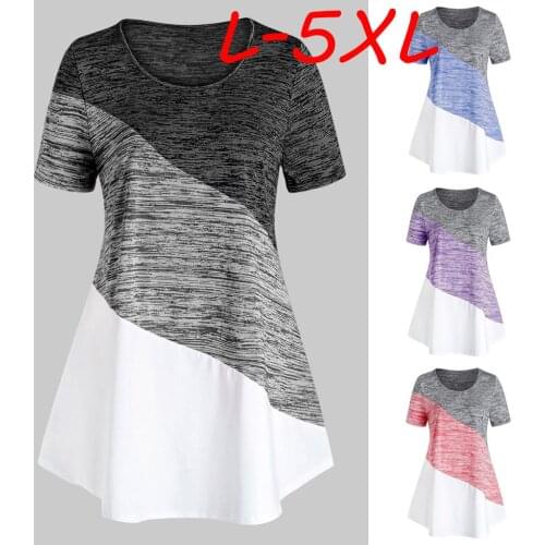 Big Size Women Clothes O-neck Patchwork Blouse Fashion Space Dyeing Short Sleeve Colorblock Tunic Shirt Tops Blusa Feminina