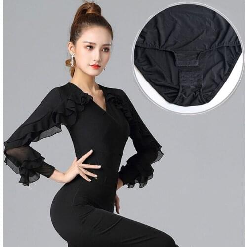 Women Ballroom Dancing Tops leotard New black modern dance practice clothes V-neck national standard Latin dance bodysuit