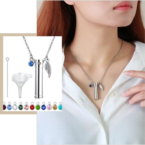 12 Birthstone Hollow Tube Ashes Urn Necklaces for Women,Anti Allergy Cremation Memorial Angel Wing Pendant,Keepsake Gift