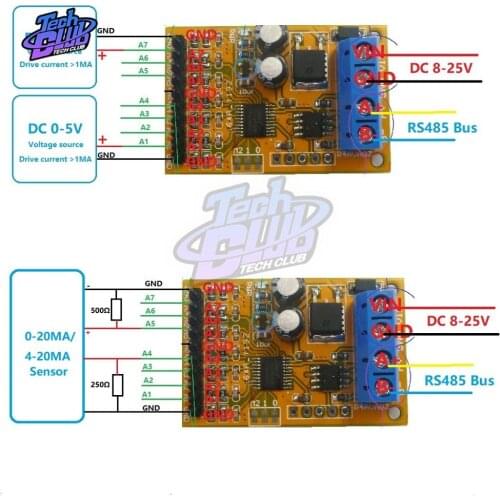 Analog Voltage acquisition Sampler 5V 10V 7ch RS485 ModBus RTU Module for PLC Oscilloscope ADC 4-20ma Sensor