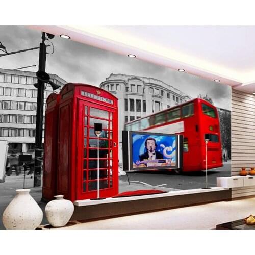 Free Shipping 3D Custom Wallpaper Mural UK London Bus Classic Car Building Background Wall Hotel Mural Living Room Wallpaper