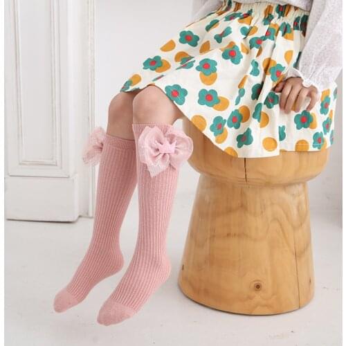 Princess Childrens Crown Bowknot Calf Socks Spring and Autumn Girls' Socks Vertical Strips Pure Cotton Solid Color Socks
