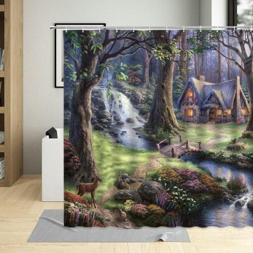 Fantasy Oil Painting Forest Hut Fabric Shower Curtain Rural Ldyllic Flower Stream Animal Printing Bathroom Curtains Home Decor