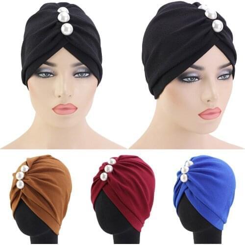 India Women Bead Hat Turban Hijab Chemo Cap Cancer Muslim Headscarf Wrap Beanie Bonnet Solid Color Headwear Hair Loss Head Cover
