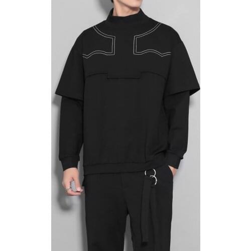Autumn and Winter Dark Hong Kong style geometric line splice minority design feeling high collar false two hoodie men