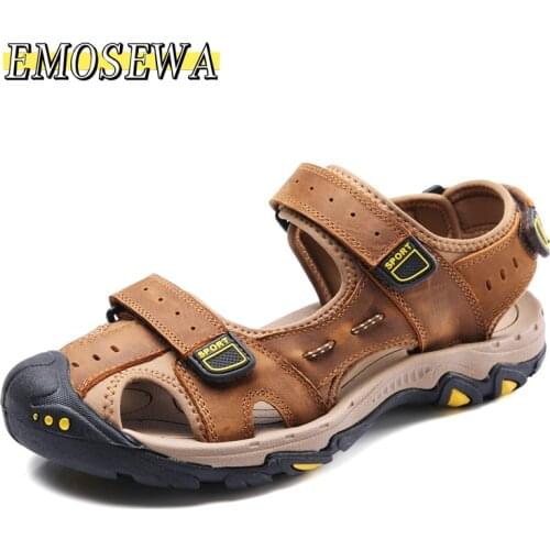 EMOSEWA Brand Mens Sandals Genuine Leather Men Summer Shoes Casual Big Size 38-47 Gladiator Sandals for Men Leisure Beach Shoes