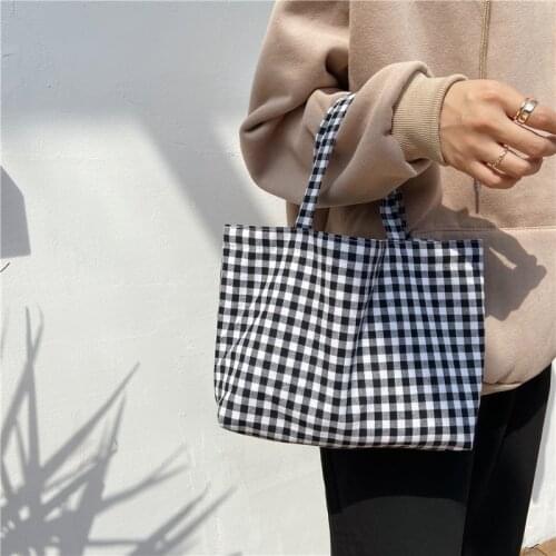 Portable Cotton Hemp Plaid Lunch Bag For Women Japanese Kids Bento Bags Breakfast Food Box Picnic Travel Small Tote Pouch