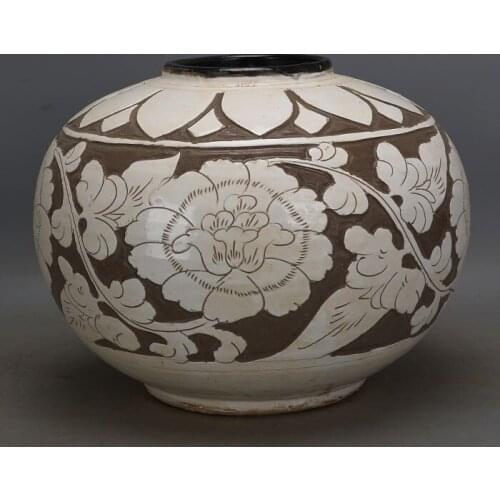 Rare Old China SongDyansty porcelain pot,Cizhou kiln hand-carved peony jar,Hand Painted Decoration /Collection/ crafts