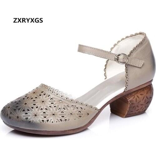 Noble Elegant Hollow Cowhide Leather Sandals Women Shoes 2020 New Round Head Summer Sandals Thick Heel Shoes Woman Sandals