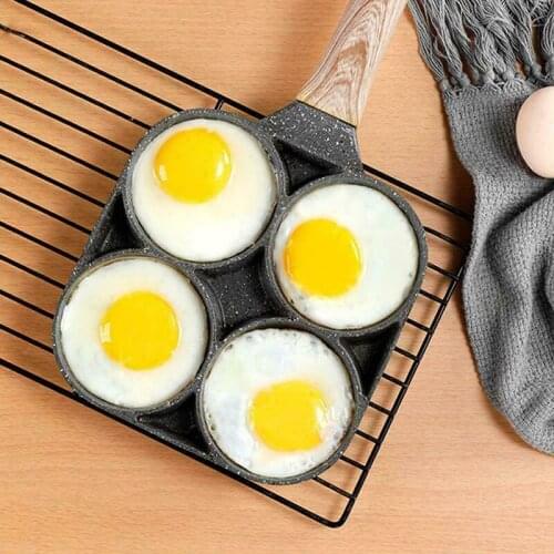 4 Hole Fry Pan For Eggs Non Stick Ham Pancake Maker Egg Burger Pan With Wooden Handle For Induction Cooker Gas Stove Frying Pot