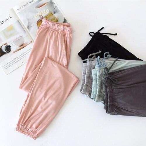 Spring Strap Pocket Modal Pajamas Pants For Women Solid Color Plus Size Sleep Bottoms Female Summer Elastic Waist Homewear Pants