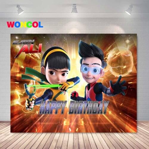 Woncol Ejen Ali Photography Backdrop Boys Happy Birthday Baby Shower Slingshot Photo Background Cartoon Vinyl Photo Props