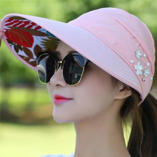 1pc women Sun Hats for summer pearl packable UV protection female caps sun visor hat with big heads wide brim beach hat