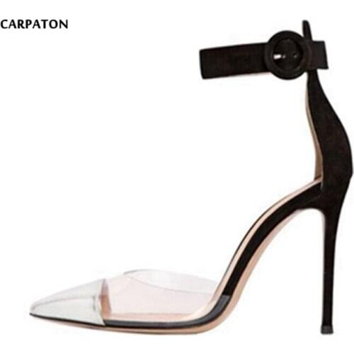 Carpaton 2019 Woman Runway Shoes High Heel Pumps Buckle Strap Silver and Black Pointed Toe Thin Heels Shoes PVC patchwork heels