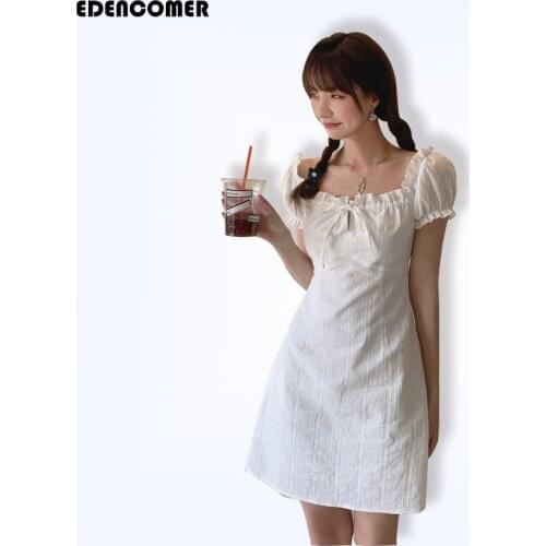 The New French Bubble Sleeves Mini-dress 2021 Womens Summer Design Sense Small White Square Collar White Holiday Dresses