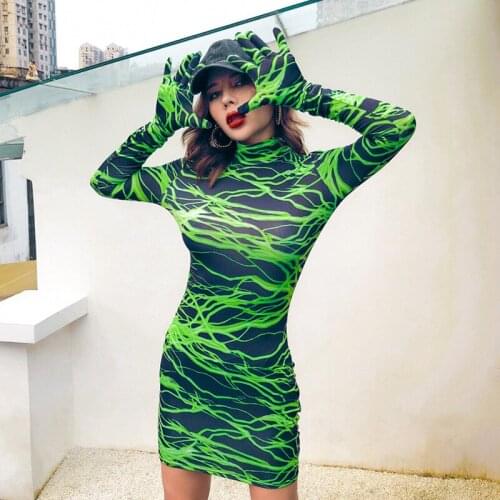 ZHYMIHRET Green Turtleneck Lightning Print Women Dress 2019 Autumn Gloved Long Sleeve Skinny Dress Female Fashion Streewear