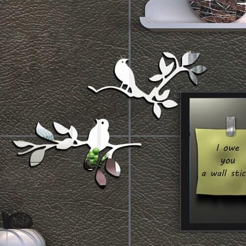2Pcs 3D Mirrors Birds Branch Wall Stickers Decal Wall Art Removable Room Party Wedding Decor Home Deco Wall Sticker for Kid Room