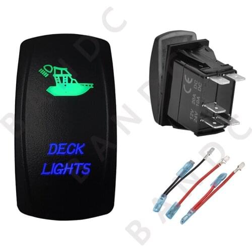Car Boat Marine DECK LIGHTS Rocker Switch 5P ON-OFF SPST Laser Etched Illuminated Green&Blue Led for Yacht Vehicles, Jumper Wire