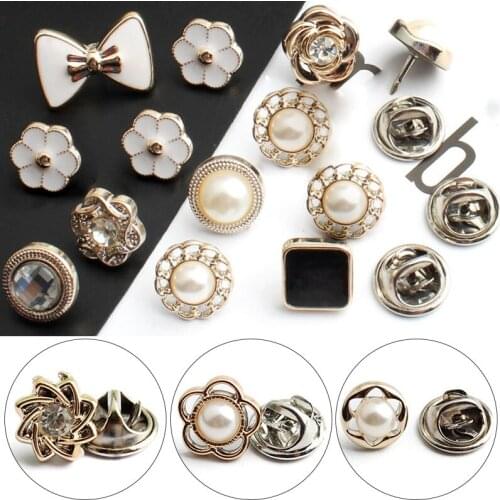 6Pcs/Lot Womens cufflinks Imitation Pearl Round Brooch Pins Button Trendy Sweater Collar Scarf Metal Badge Jewelry Accessories
