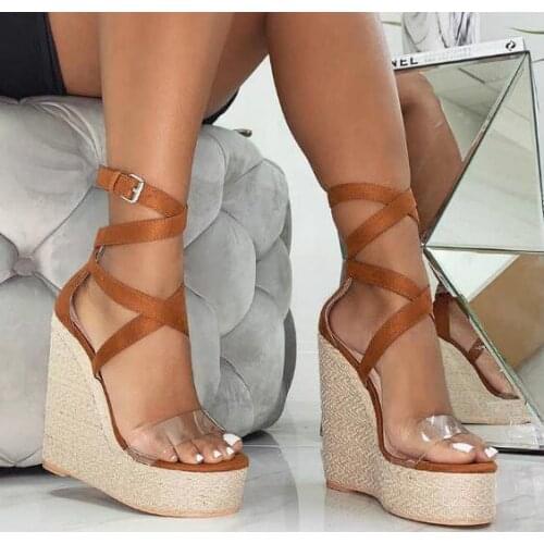Dipsloot New Woman Fashion Transparent PVC Cross Tied Platform Wedge Sandals Cuts Out Patchwork High Heels Casual Sandals Shoes