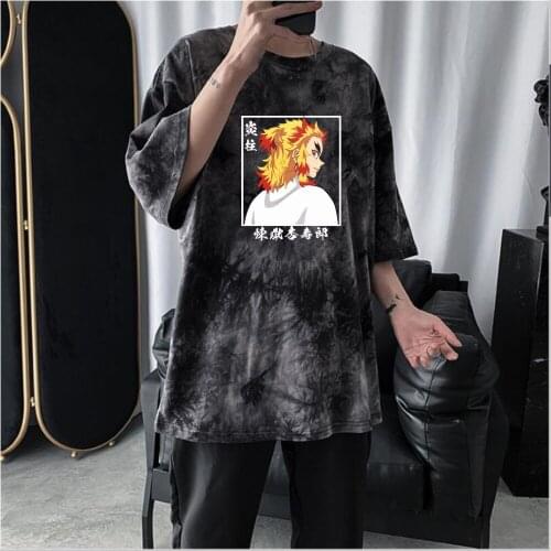 Anime Demon Slayer Rengoku Kyoujuro Short Sleeve Tie Dye Autumn Print T-shirt