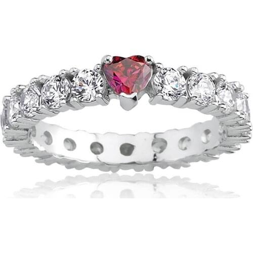 Valori Jewels 2.34 Carat, Zirconia Red Heart And White Round Gemstone, Rhodium Plated, Sterling Silver Eternity Ring