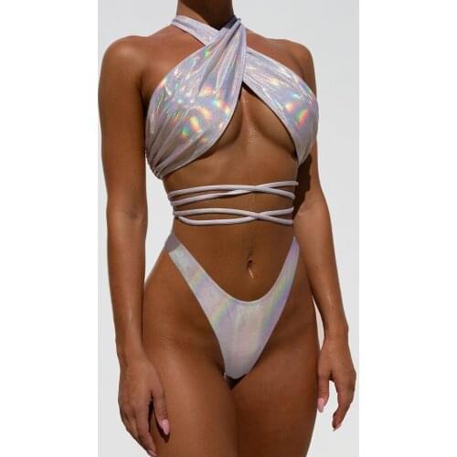 Cross Tube Top Swimsuit Lace Up Belt Show Figure Party Beach Holiday Halter Laser Sexy Eye-Catching Low-Waist Briefs
