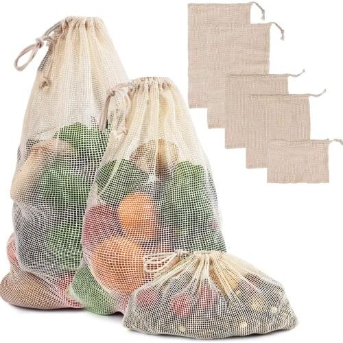 Reusable Vegetable Bag Eco Organic Cotton Mesh Vegetable Storage Bag for Vegetable Fruit Bags Washable Drawstring Produce Bags