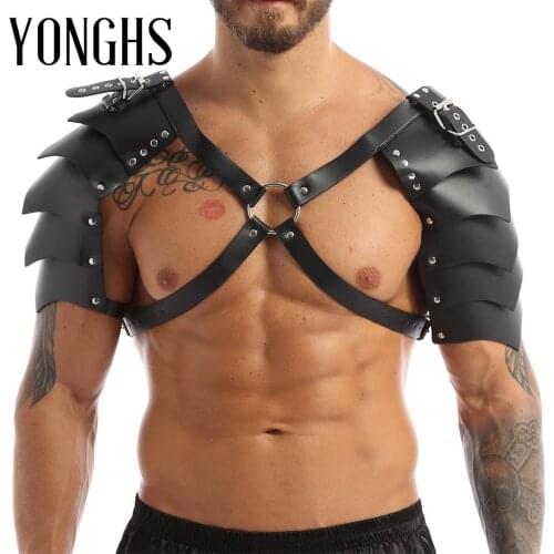 Harness Mens Steampunk Gothic PU Leather Double Shoulder Armors Buckles Body Chest Harness Belt for Party Cosplay Halloween