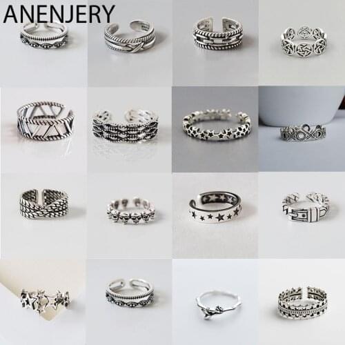 ANENJERY 925 Sterling Silver Multi-style Thai Silver Rings Handmade Size 18mm Adjustable Rings For Men Women S-R414
