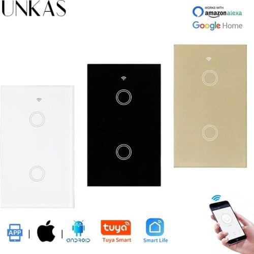 UNKAS Luxury Glass Panel 2 Gang Wall Touch Smart Switches US Standard Tuya Smart Life APP Control Null and Fire Line