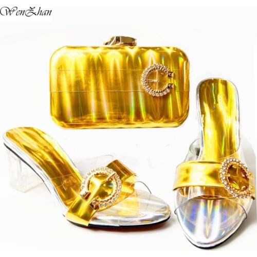 Newest Matching Italian Shoes and Bag Set Shining Glod Shoes and Bag for Nigeria Party Womens Med Heel 911-30