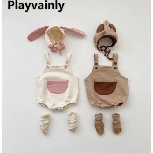 2021 New Korean Style Autumn Baby Boys Girls Bodysuit Solid Color Pocket Sling Jumpsuit with Cap Newborn Cute Clothes E2990