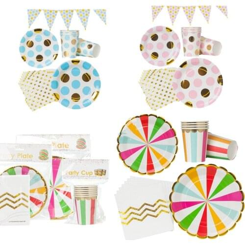 New Bronzing Color Pink Blue Dots Paper Tray Disposable Tableware Napkins Straws Baby Shower Birthday Party Decorations Supplies