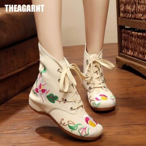 THEAGRANT 2019 Autumn Embroidered Women Boots Canvas Lace Up Hidden Wedge Casual Shoes Vintage Floral Lady Ankle Boots WBS3000