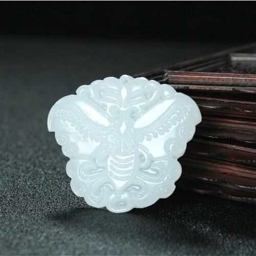 Butterfly Natural White Jade Pendant Necklace Chinese Hand-Carved Charm Jewelry Fashion Accessories Amulet for Men Women Gifts