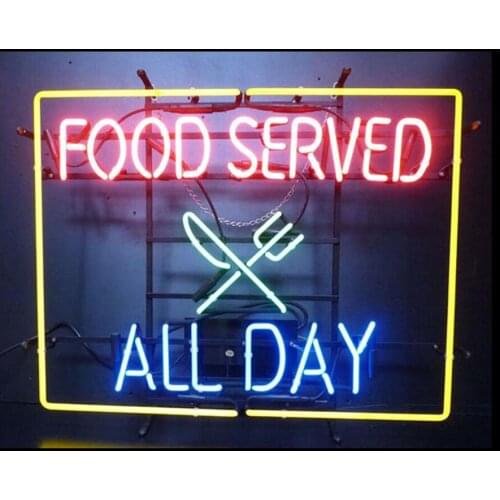 FOOD SERVED ALL DAY KNIFE FORK Custom Handmade Real Glass Tube Restaurant Store Advertise Decoration Display Neon Sign 24"X 20"