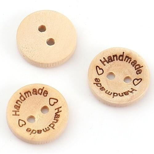 100 PCs Natural Wood Sewing Buttons For Crafts Scrapbooking Round 2 Holes Heart Message " Handmade " Pattern 15mm Dia