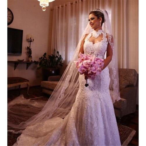 Luxury High Neck Mermaid Wedding Dresses Lace Appliques Beaded Sheer Back Bridal Gowns Elegant Sweep Train Wedding Dress
