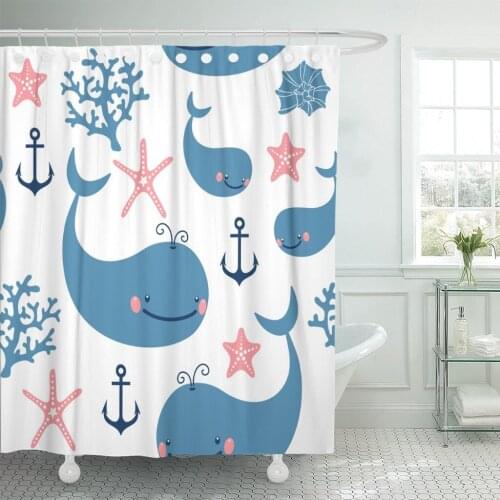Blue Anchor Cute Whales Pink Pattern Abstract Aquatic Baby Shower Curtain Waterproof Polyester Fabric 72 x 78 Inches Set