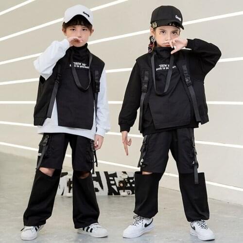 Kid Hip Hop Clothing Sweatshirt Top Hole Ripped Tactical Cargo Pants Sleeveless Jacket Vest for Girls Boys Dance Costume Clothes