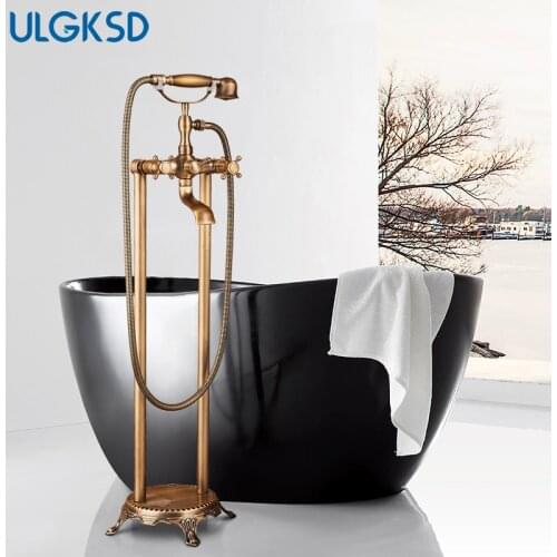 ULGKSD Antique Brass Floor Stand Faucet Floor Mounting Dual Handle W/ Brass Hand Shower Tub Spout Para Bathroom Shower