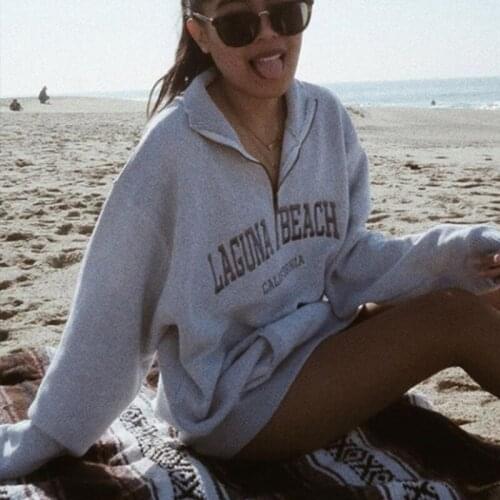 Streetwear Grey Women Sweatshirt 2021 Letter Embroidery Loose Long Sleeves Pullover Turn-down Collar Sweatshirts Fashion Coat