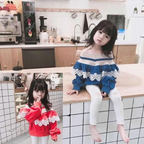 Spring and Autumn Girls' T-shirt New Shoulderless Sweatshirt Top Long Sleeve Clothes Striped V-neck Lace Stitching Kids Costumes