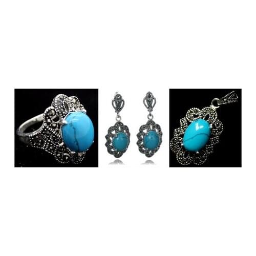 Vintage Blue Turquoise 925 Sterling Silver Marcasite Ring (#6-9) pendant and earrings sets