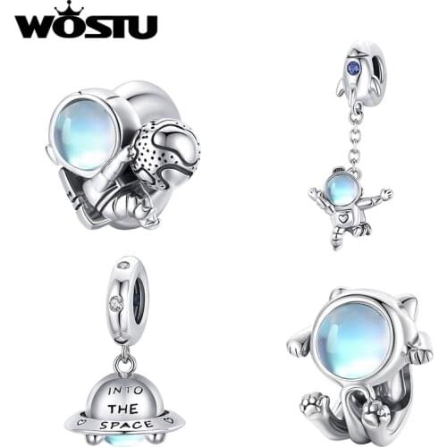 WOSTU 925 Sterling Silver Spaceship & Astronaut Blue Moonstone Charms Fit Original Silver Bracelets Fine Jewelry Making BKC1694