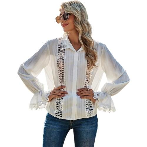 2021 Long Sleeve Shirt Summer New European And American Fashion Hollow Lace Stitching Leisure White Blouse Woman