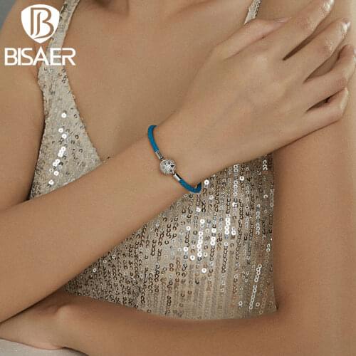 Bisaer Bracelets 925 Sterling Silver Blue Leather Rope Women Chain Bracelets for Women Silver Jewelry ECB196