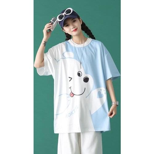 Womens T Shirts Summer 2021 Harajuku Cute Style Girl Short Sleeves T Shirt Leisure Loose Round Neck Kawaii Long T Shirt Tops